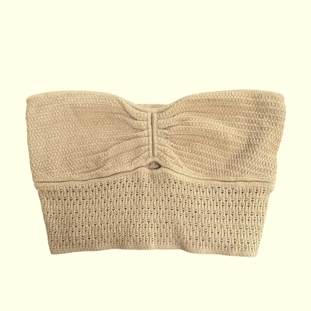 American Eagle Beige Knit Crochet Bandeau Top, Tan Sandy Beige, XL